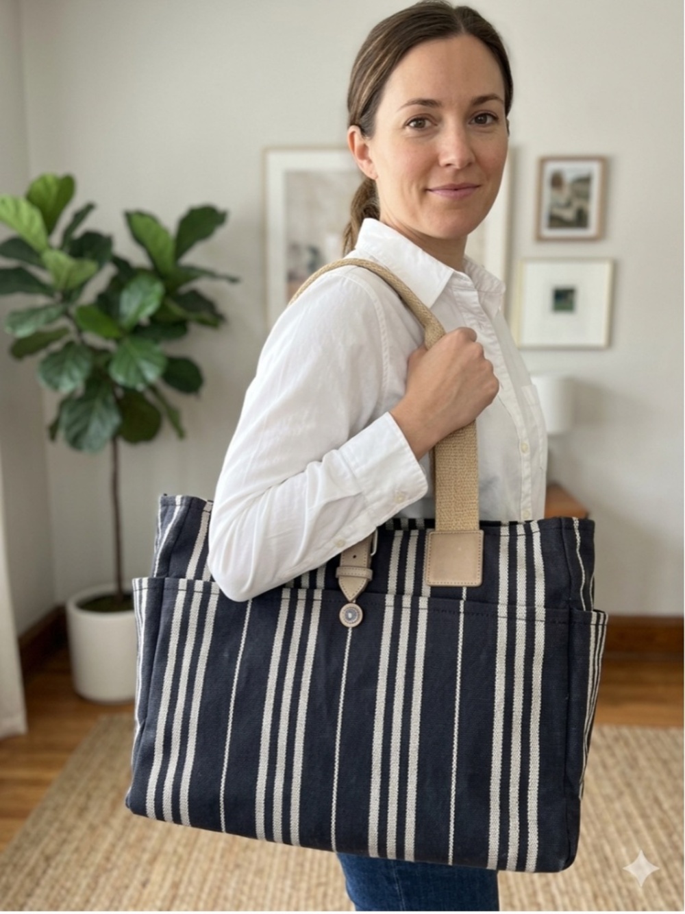 Authentic Vintage Burberry London Navy Blue Striped Canvas Fabric Shoulder Tote